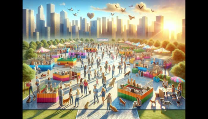Pet Adoption Fair Organisation: A lively pet adoption fair featuring a variety of animals, enthusiastic volunteers, and prospective adopters in a sunny, spacious venue.