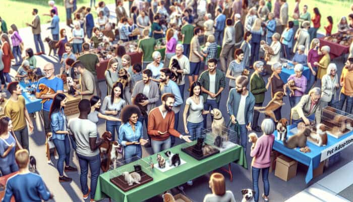 A vibrant pet adoption fair showcasing families, pets, and volunteers offering expert advice.