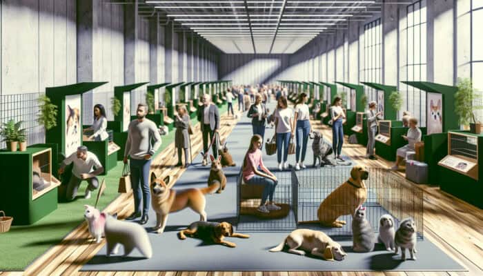 An organized pet adoption fair featuring expert-designed booths, calm animals, and engaged visitors.