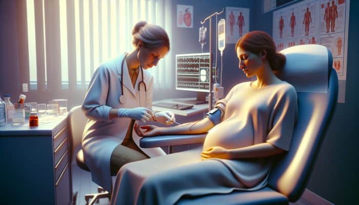 Serene clinic in Leeds: a healthcare professional gently draws blood from a relaxed pregnant patient's arm using antiseptic and needle.