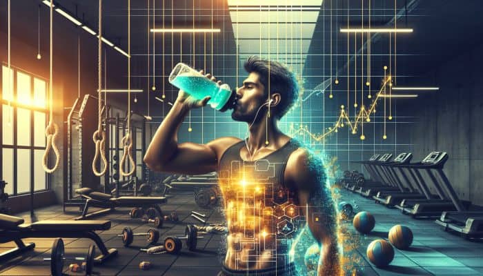 Person drinking an electrolyte drink from a sports bottle at the gym, with a hydration chart indicating light yellow colour.