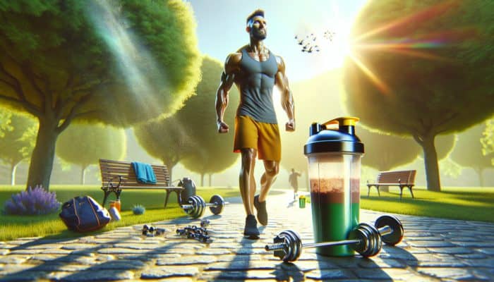 Dedicated athlete, perspiring after a run, clutching a whey protein shake in a sunny park with gym gear nearby.