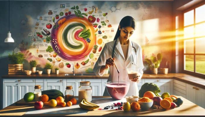 Nutritionist in a well-lit kitchen blends protein powder into a vibrant smoothie bowl, surrounded by fresh fruits, vegetables, supplements, and a nutrition infographic.