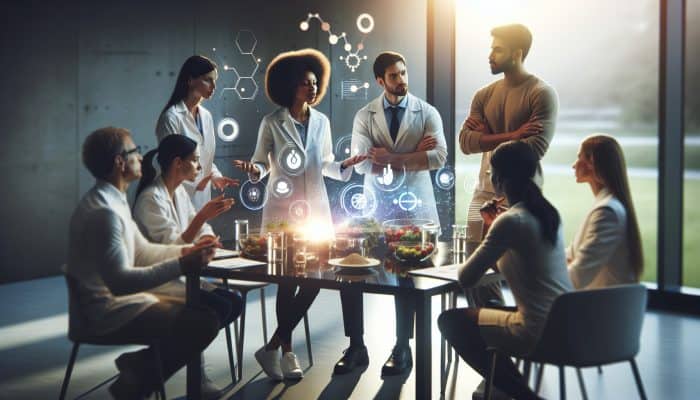 Nutrition experts discussing online dietary forums, using digital screens with graphs and charts.