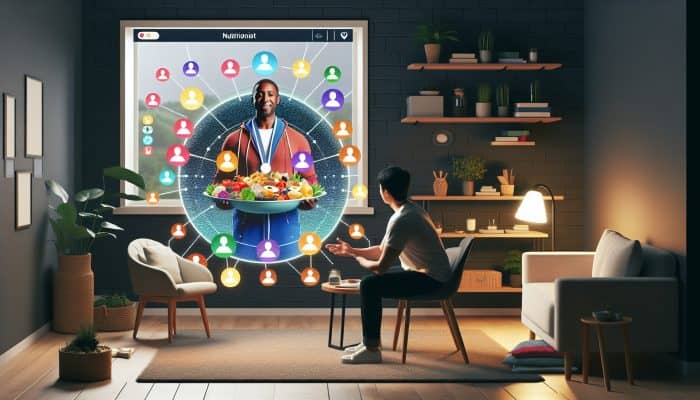 A nutritionist and online community empowering an individual with a tailored diet plan in a cozy, modern setting.