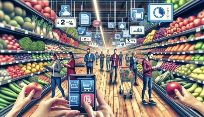 A busy supermarket aisle with shoppers, a family using a smartphone for deals, and affordable produce on display.