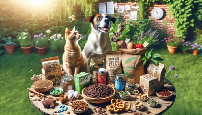 A playful dog and curious cat surrounded by organic pet brands on a rustic wooden table in a sunlit garden.