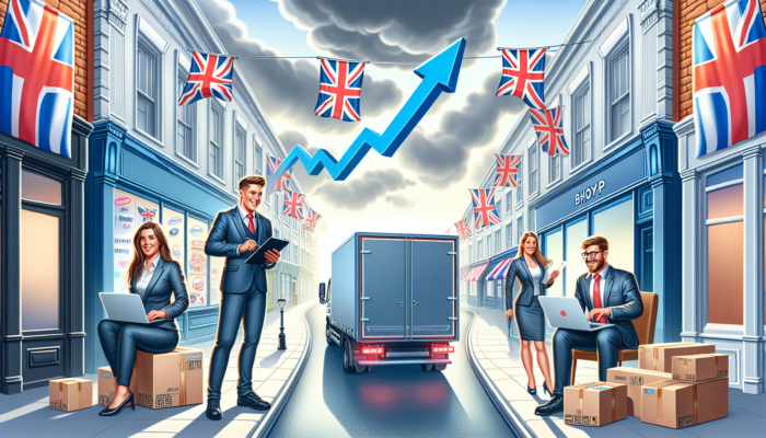 Vibrant UK high street scene: shop owners managing e-commerce on laptops, delivery vans, rising sales graphs, under cloudy sky with Union Jack flags.