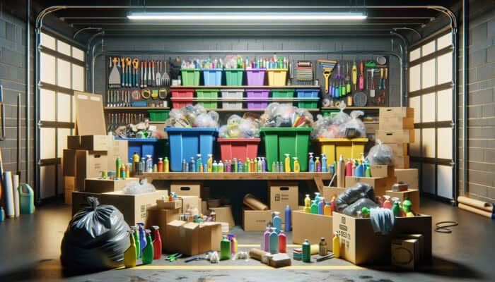 A cluttered garage during clearance: colorful bins labeled 'Keep', 'Donate', 'Sell', 'Dispose' overflow with items, surrounded by bags, boxes, and cleaning sprays on a workbench under fluorescent lights.