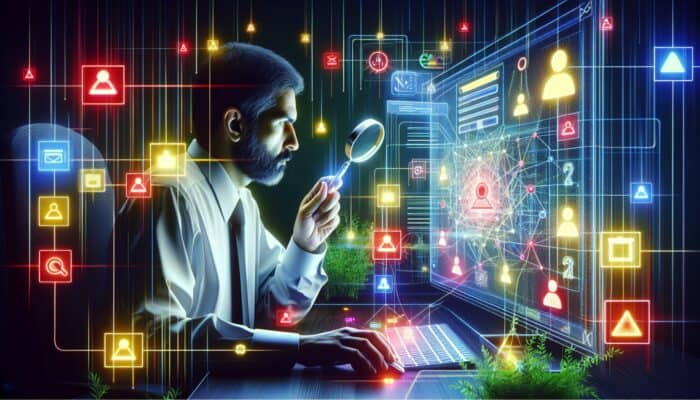 Illustration of an SEO expert in a modern office viewing a color-coded screen: red for high-priority issues like broken links, yellow for medium, green for low, with graphs.