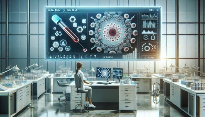 Depiction of the Beta-HCG test: HCG molecule interacting with antibodies in blood, technician analyzing results on a digital screen in a contemporary laboratory.