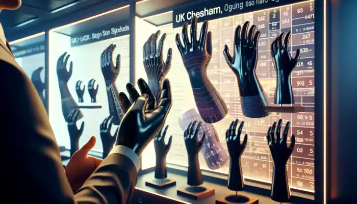 In a glove shop in Chesham, an individual tries on various black latex gauntlet gloves, evaluating fit and comfort under soft lighting.