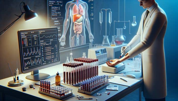 A healthcare professional draws blood from a patient's arm in a sterile lab environment, with liver function test tubes, enzyme graphs, and a liver diagram visible.