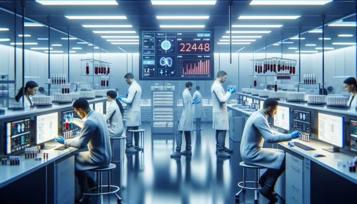 Technicians in lab coats analyse liver blood samples in a modern UK laboratory, with timers indicating 24-48 hour processing times.