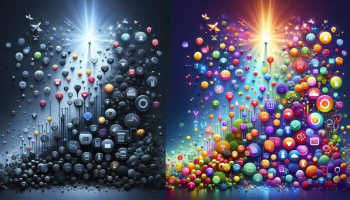 Illustration of SEO's impact: a poorly performing product page with low traffic icons contrasted with a vibrant one showing rising graphs and sales symbols.