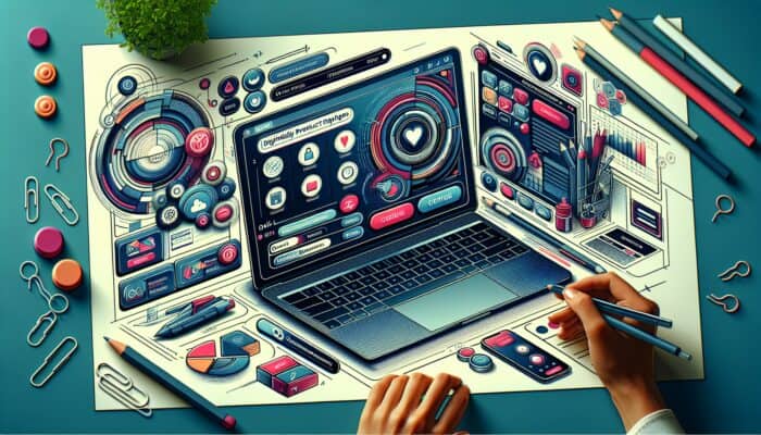 A vibrant digital illustration of a modern e-commerce page on a laptop, featuring intuitive navigation, accessible buttons, and engaged users browsing.