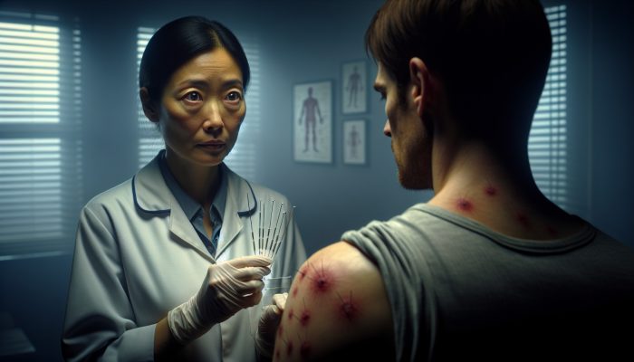 Dimly lit London acupuncture clinic: practitioner handling contaminated needles near worried patient's arm, showing red welts and airborne bacteria.