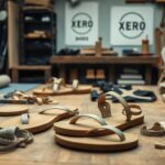 A workshop table displays unfinished sandals and leather straps, hinting at the brand origins of Xero Shoes. Tools and patterns are scattered around as makers work beneath “Xero Shoes” posters on the back wall.
