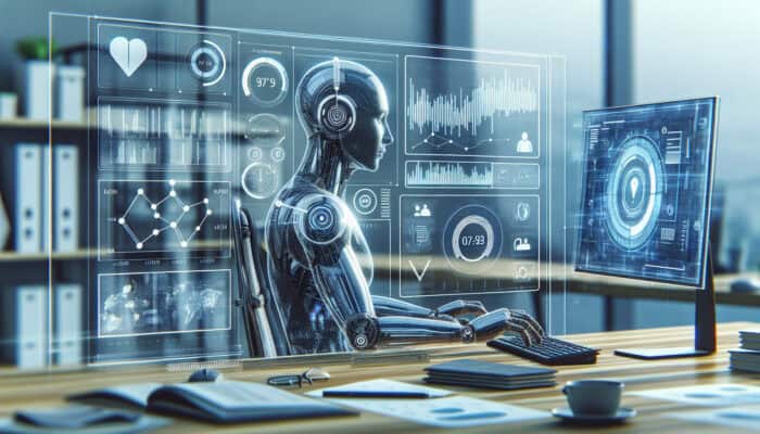 Focused virtual assistant at a sleek desk analyses digital dashboard with rising task graphs, time trackers, and stress meters.