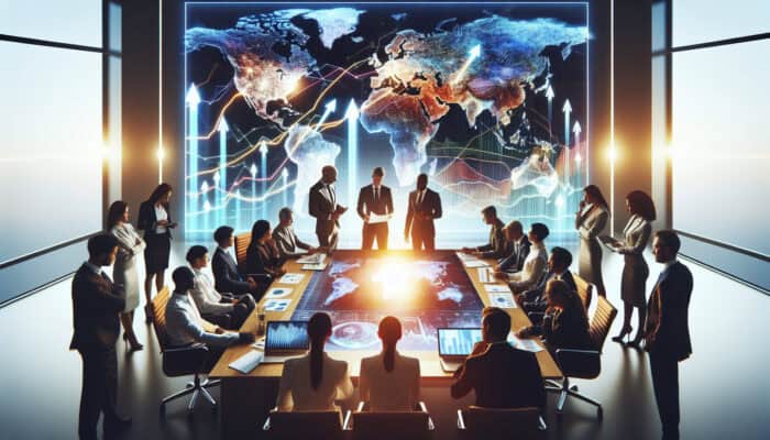 Diverse executives in a modern boardroom strategize business expansion around a glowing world map with charts and digital projections.