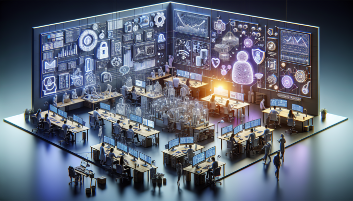 Developers in Crewkerne innovating with AI chatbots, personalised interfaces, progressive web applications, and cybersecurity measures in a vibrant digital workspace.