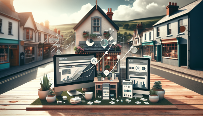 Responsive website adapting between desktop, tablet, and smartphone in a Crewkerne shop, showcasing upward graphs, satisfied users, and growth icons representing SEO and conversions.