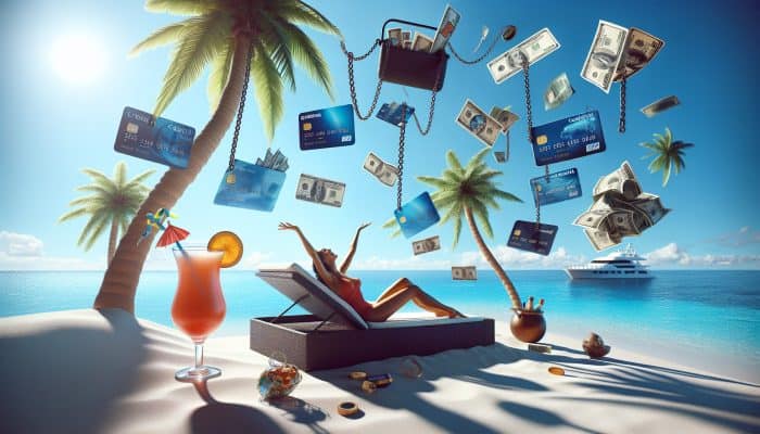 Strategies for Managing Vacation Debt: Effective Tips for UK Residents | DCL Strategies for Managing Vacation Debt: Happy traveller enjoying a tropical beach with palm trees and cocktails, while oversized credit card bills and debt chains float in the sky.