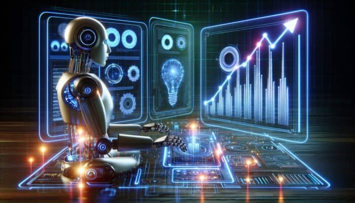 Futuristic AI robots analyze keywords with SEMrush in a digital workspace; glowing graphs show rising SEO rankings and traffic growth.