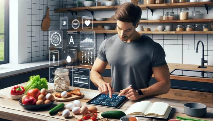 A focused person in a modern kitchen using a tablet to view UK protein guidelines, surrounded by eggs, chicken, greens, a scale, and journal for weight management.
