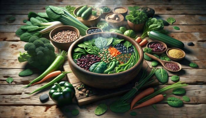 A steaming bowl of nutrient-dense soup with fresh spinach, kale, colorful vegetables, beans, lentils, and grains on a rustic wooden table surrounded by produce.