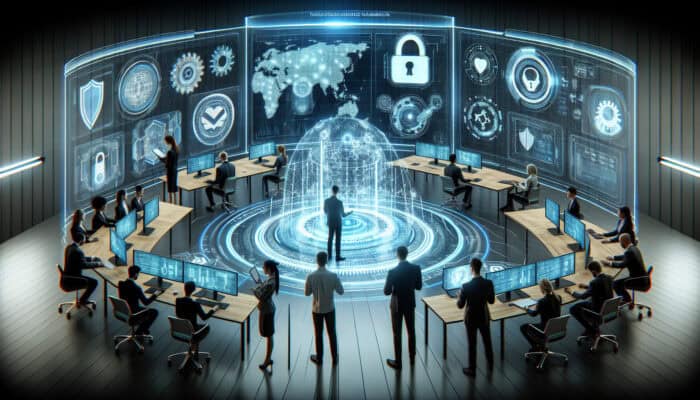 In a high-tech office, professionals analyze data vulnerabilities on holographic screens, surrounded by digital shields, during security training sessions.
