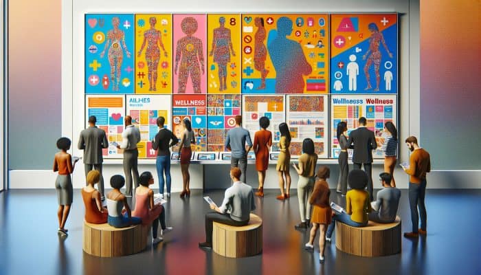 A diverse group in a modern UK NHS centre reviews eligibility posters and fills forms on digital screens for inclusive wellness programs.