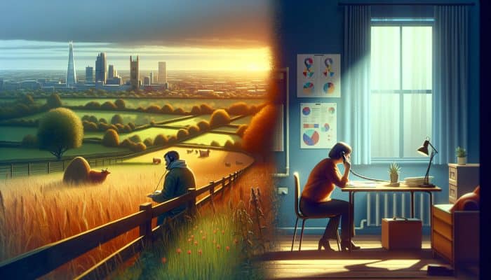 UK scene: A person on Samaritans helpline in a rural field and another in a Mind counseling session in an urban center, symbolising mental health support and hope.