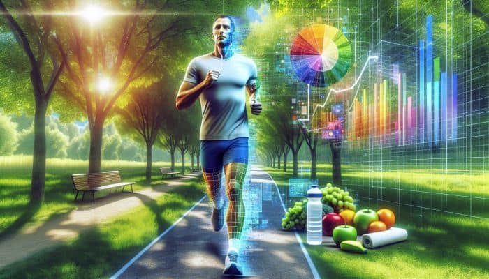Men's Health and Communication: Fit middle-aged man jogging energetically in a British park, holding a water bottle and fruits, with a serene expression showing mental well-being.