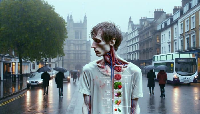 A pale-skinned individual on a rainy UK street, exhibiting iron deficiency symptoms: a sallow complexion, slow-healing wounds, and diminished blood cells.