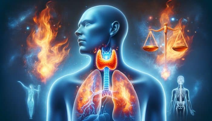 An anatomical illustration of the thyroid gland glowing blue in the neck, releasing hormones with flames for energy, scales for weight, and shadows of fatigued figures.
