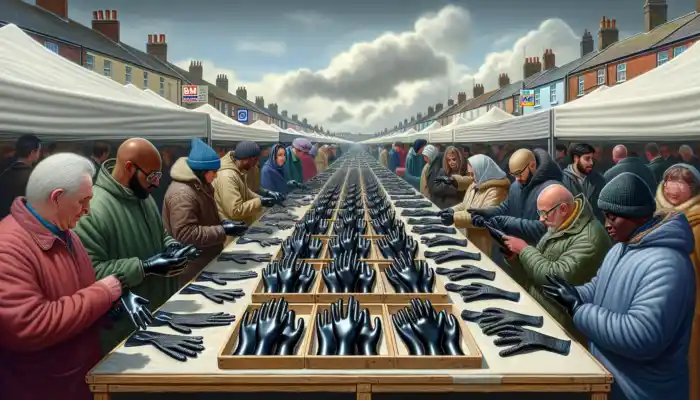 Poole market scene: Vendors display shiny black latex gauntlet gloves on wooden stalls, shoppers examining them under cloudy skies with B&M and Tesco signs.