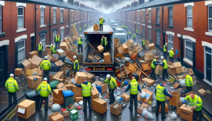 Workers in hi-vis vests load furniture and boxes into a truck during Preston house clearance, as a foreman reviews cost estimates under a gray sky.