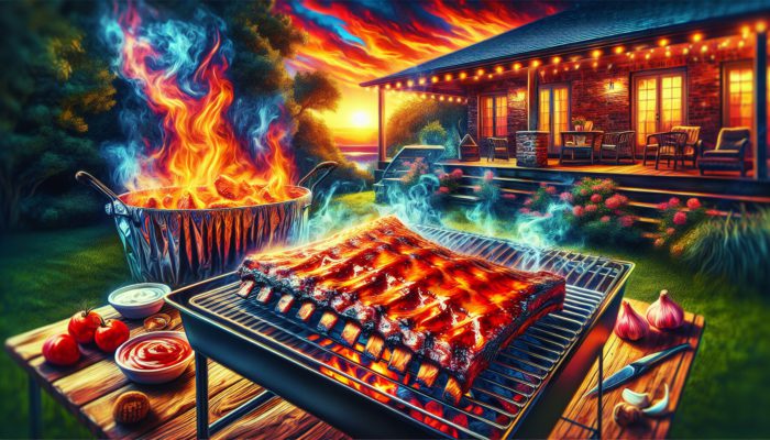 Backyard barbecue scene featuring succulent pork ribs smoked using the 3-2-1 method: unwrapped for three hours, foil-wrapped for two, then unwrapped with hickory-infused tender meat.