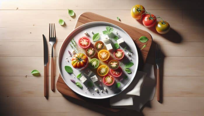 A white matte plate with a vibrant salad of heirloom tomatoes, fresh herbs, and feta, arranged minimally on a clean wooden surface.