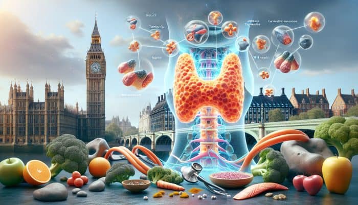 Illustration of a glowing thyroid gland under antibody attack, with Big Ben and icons of immune-boosting foods, exercise, and medical charts.