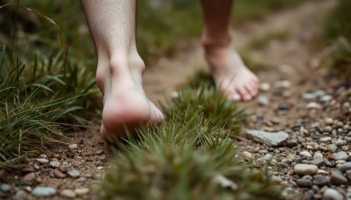 A close-up of a person's bare feet walking on a natural trail, surrounded by grass and pebbles, emphasising the foot's natural shape and the terrain's texture.