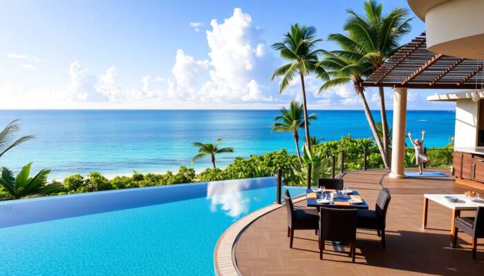 Luxurious beachfront property in Belize with an infinity pool, modern fitness centre, wellness spa, elegant dining area featuring farm-to-table cuisine, and guests practicing yoga on a deck with ocean views amidst lush tropical gardens.