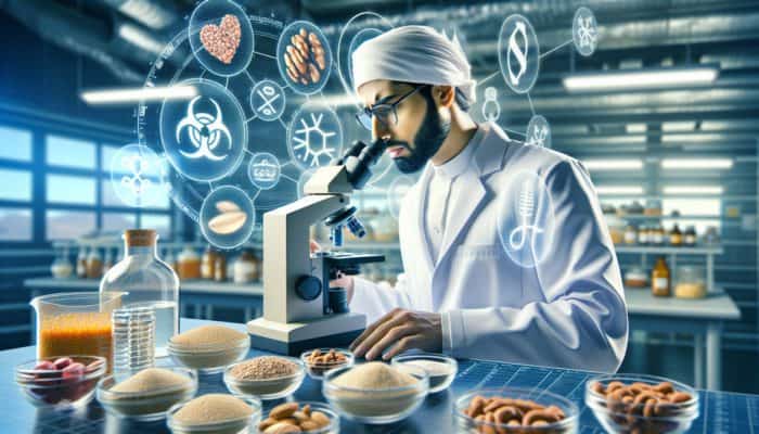 A scientist in a lab examines food labels under a microscope, highlighting allergens like nuts and dairy with warning symbols.