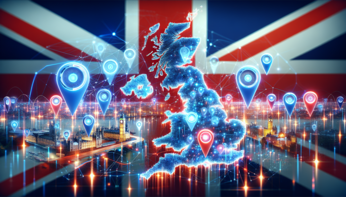 Dynamic illustration of UK Local SEO: Map of Britain with glowing search icons, pins on landmarks, data streams, and Union Jack background.