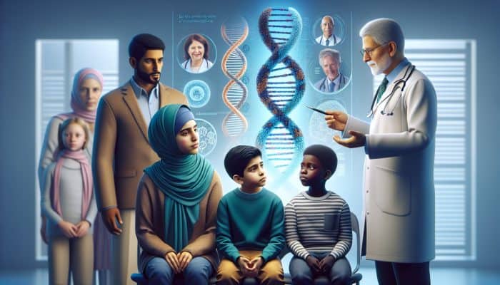 A doctor points to a genetic family tree chart in a clinic with a diverse family, illustrating coeliac disease symptoms like abdominal pain and weight loss.