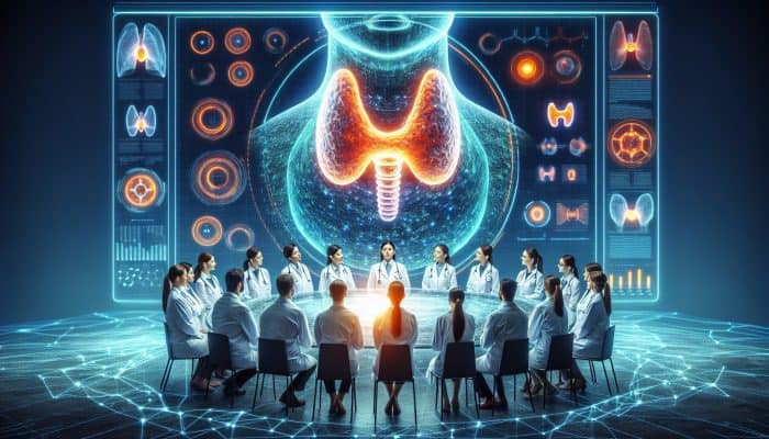 A diverse group of medical professionals in white coats analysing a holographic thyroid gland with fluctuating hormone graphs in a state-of-the-art laboratory.