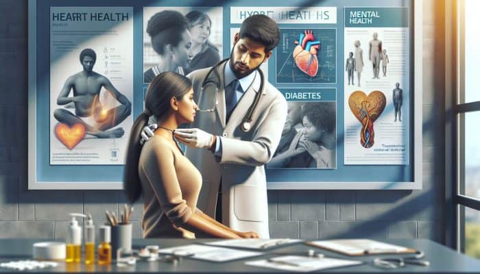 In a modern clinic in the UK, a thyroid specialist examines a diverse patient using advanced diagnostic tools, surrounded by informative posters on health risks and an NHS support group discussing awareness.