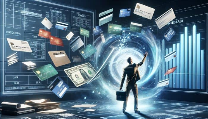 Stressed individual surrounded by floating credit cards and bills, reaching for glowing consolidated loan in modern office with rising graphs.