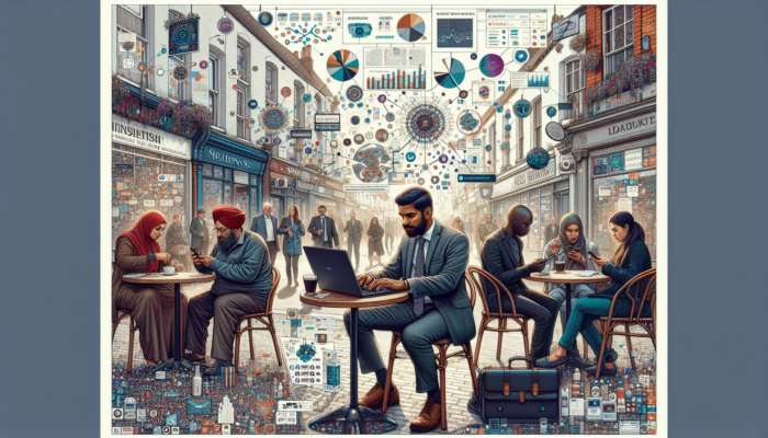 Vibrant UK high street scene: small business owner at café table on laptop with video and infographic icons, locals engaging on phones.